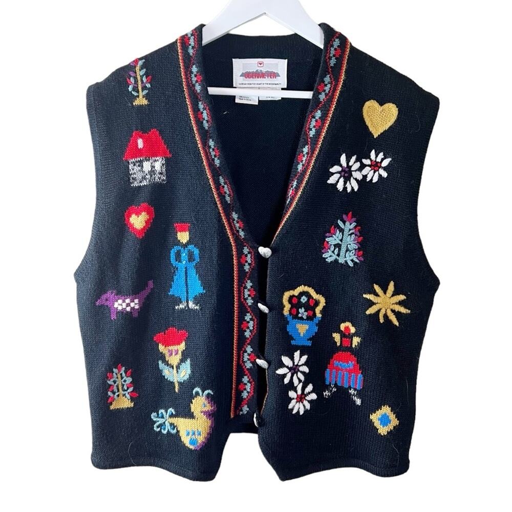 Vintage Obermeyer Folk Art Wool Knit Meg Sweater Vest Women's XL‎